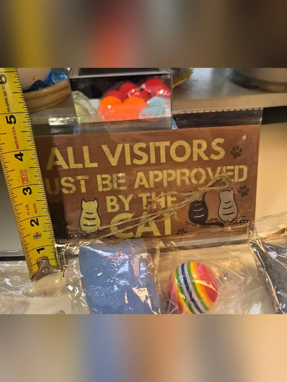 'All Visitors Must Be Approved By the Cat' Sign and Cat Toy Bundle